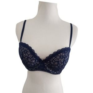 Victoria Secret Lined Demi Bra 34C Blue lace Underwire Lace Side Dream Angels
